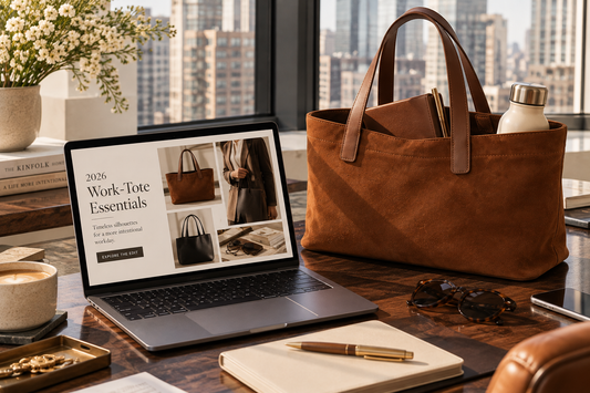 A laptop displaying a digital editorial on work-tote essentials next to a rich brown suede tote bag on a dark walnut desk.
