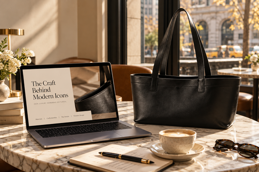 A high-end laptop displaying a digital editorial on luxury handbag craftsmanship resting on a marble table in a Manhattan café alongside a black leather tote and a cup of coffee.