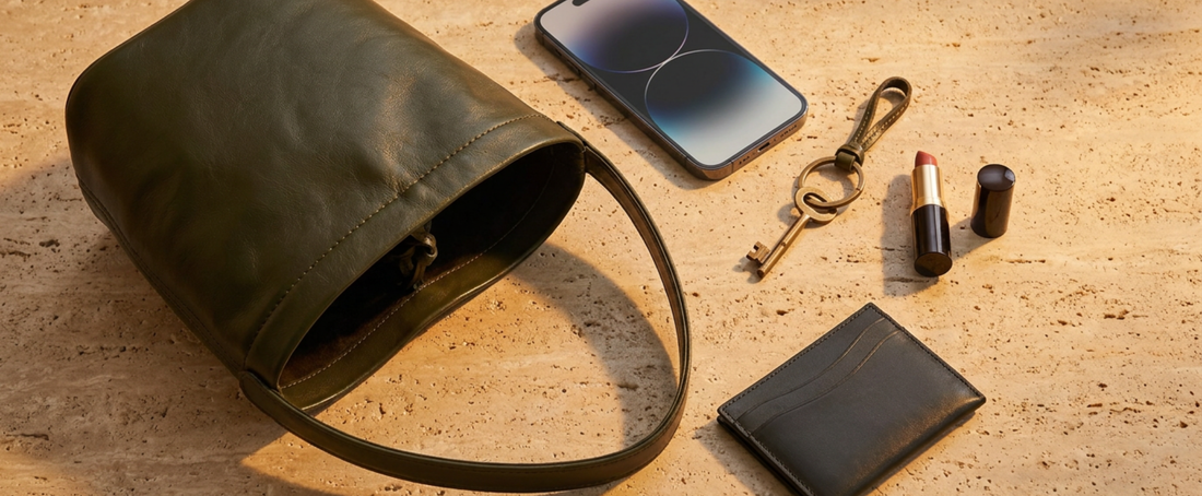 An overhead view of an open olive green leather mini pouch on a stone slab, arranged next to a smartphone, a single vintage key, a cardholder wallet, and a tube of lipstick to explain why are mini bags popula