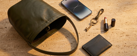 An overhead view of an open olive green leather mini pouch on a stone slab, arranged next to a smartphone, a single vintage key, a cardholder wallet, and a tube of lipstick to explain why are mini bags popula