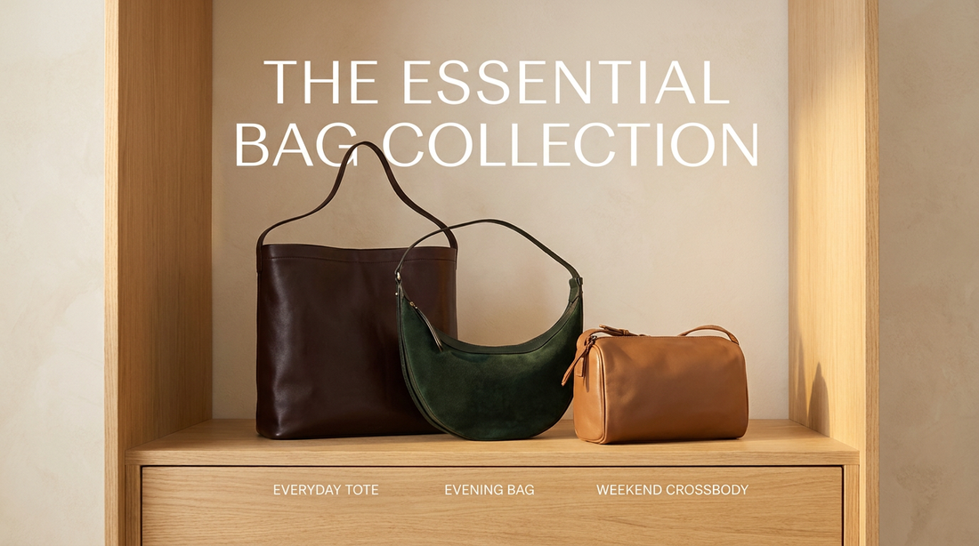 A dark brown everyday tote, a green suede evening bag, and a cognac leather weekend crossbody arranged on a wooden shelf to demonstrate how to match a bag with an outfit foundationally.