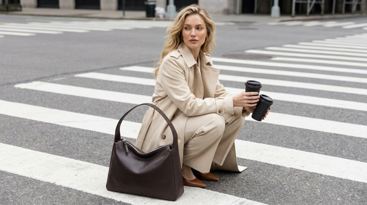 A model crouches on a crosswalk in a cream trench coat and matching trousers, holding two coffee cups next to a structured yet slouchy dark brown leather shoulder tote, reflecting urban commuter trends in leather hand bags and purses.
