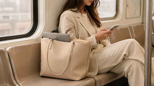A lifestyle shot of a woman sitting on a train looking at her phone next to a spacious cream leather tote bag filled with a laptop and books, showcasing a classic tote vs shoulder bag daily utility scenario.
