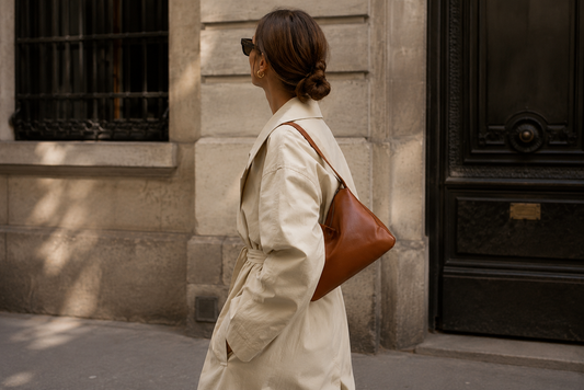 A woman wearing a beige trench coat carrying a structured tan leather shoulder purse tucked under her arm on a city street.