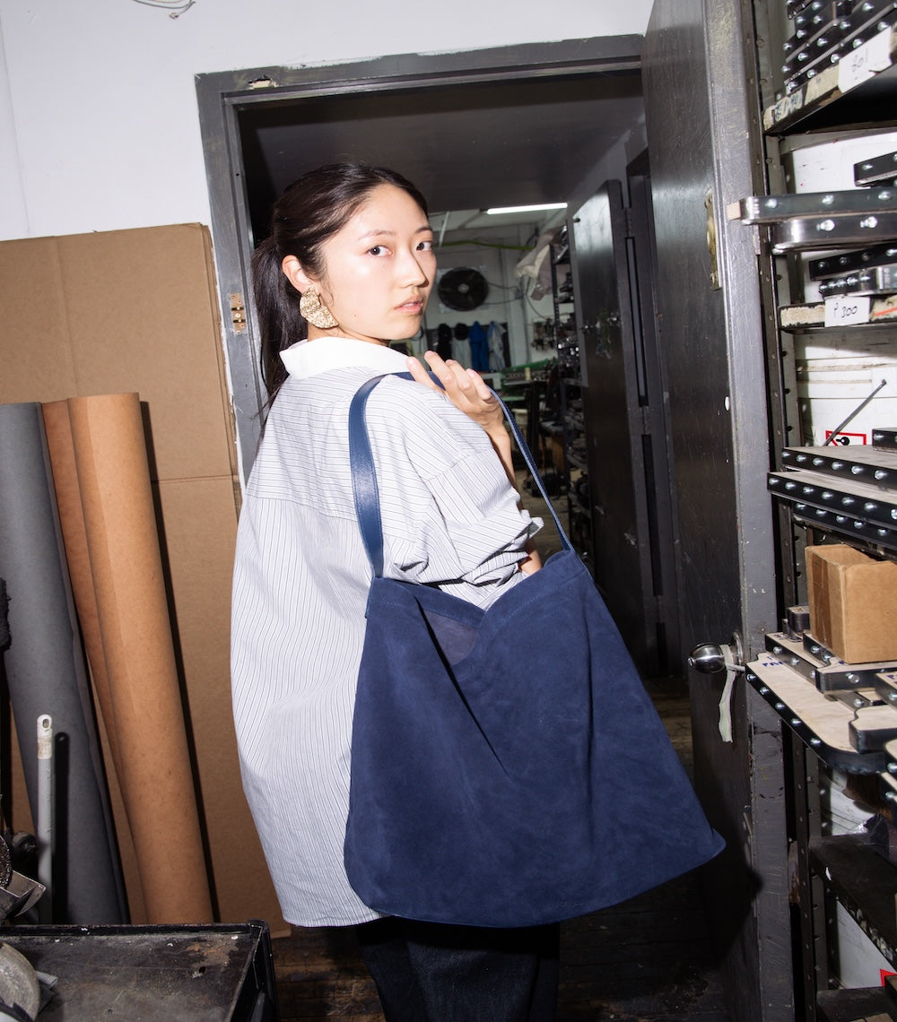 The Chelsea XL Navy Suede Tote Bag | Pietro NYC